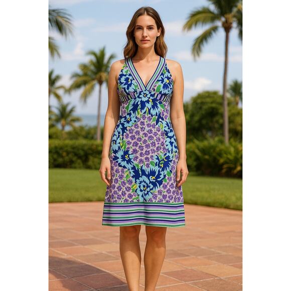 Roberto Cavalli Dress XL Floral Stripe Sleeveless‎ Purple Green Boho Y2K Resort - Picture 1 of 16